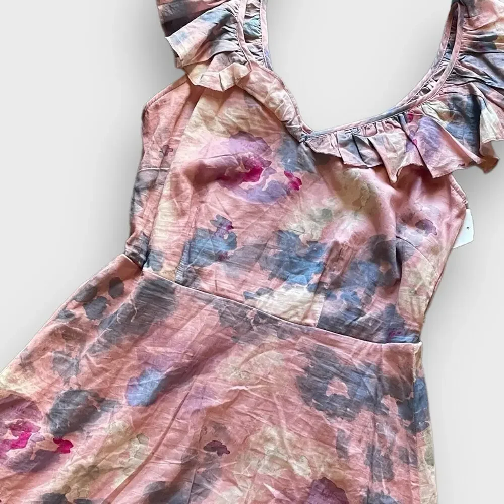 Wildfox NWOT Blair Deep V Ruffle Soft Abstract Watercolor Dress - M - Picture 5 of 12